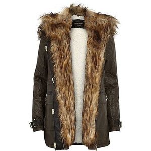 River Island Khaki Faux Fur Trim Parka Jacket
